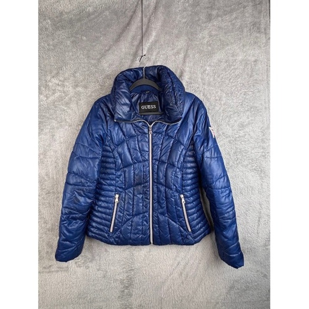 Guess Women's Puffer Jacket Quilted‎ Coat Full Zip Blue Medium